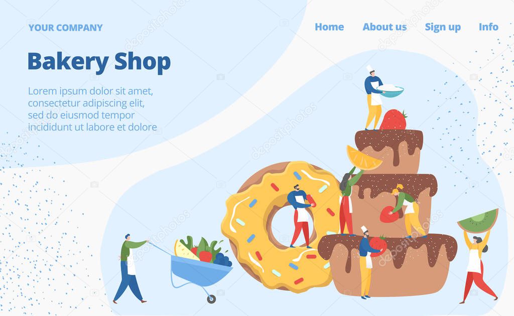 Bakery shop web banner concept, tiny character pastry business, bake muffin cake flat vector illustration, computer network site.