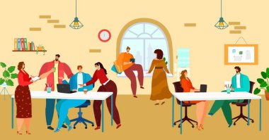 Takım çalışması karakterleri birlikte çalışır, iş sorununu çözer, birlikte çalışan uzay endüstrisi komut düz vektör çizimi.