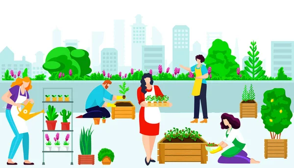 人物性格结合屋面城市园艺、女性浇水护理绿花、男性植物灌木卡通画、城镇建筑. — 图库矢量图片