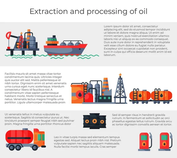Sitio web banner extracción y procesamiento de aceite, información de petróleo fuente texto, información de Internet folleto plana vector ilustración. — Vector de stock