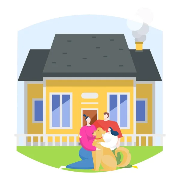 Família jovem perto de própria casa particular, personagem mãe pai filha e cão sentado gramado verde plana vetor ilustração, isolado no branco. —  Vetores de Stock
