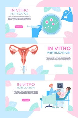 Vitro döllenmedeki ekstrakorporeal, tıbbi web sitesi iniş bayrağı, gebelik düz vektör ilülasyonuna yardımcı olacak ivf modern teknoloji.