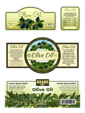 Reklam afişi zeytinyağı etiketi, etiketler, bakir tereyağlı gıda malzemeleri, oliva tableti düz vektör çizimi, beyaz üzerine izole edilmiş..
