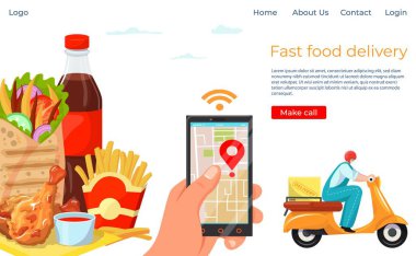 Fast food çevrimiçi dağıtım hizmeti iniş sitesi afişi, yiyecek ürünleri firmasının şablon düz vektör ilüstrasyonunu sipariş et.