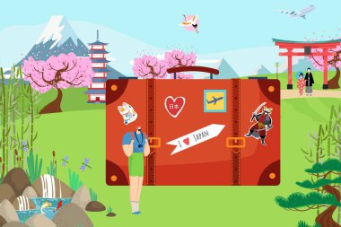 Avrupalı küçük gezgin erkek, Japonya 'ya tatil gezisi web afişi, büyük turist valizi doğu manzarası düz vektör çizimi.