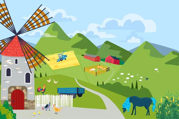 Paisaje granja corral con molino de viento, pintoresca zona de montaña, tractor cosecha granja cultivos plana vector ilustración bandera. — Vector de stock