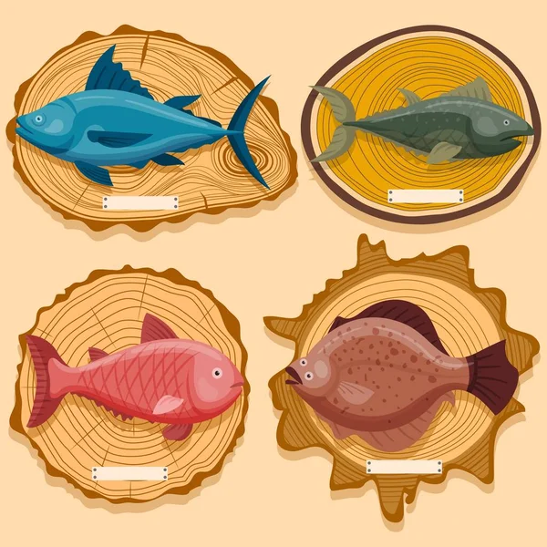 Concept poisson d'océan sur panneau d'exposition en bois, délicieux méné de mer, découpage tableau noir illustration vectorielle plate, isolé sur beige. — Image vectorielle