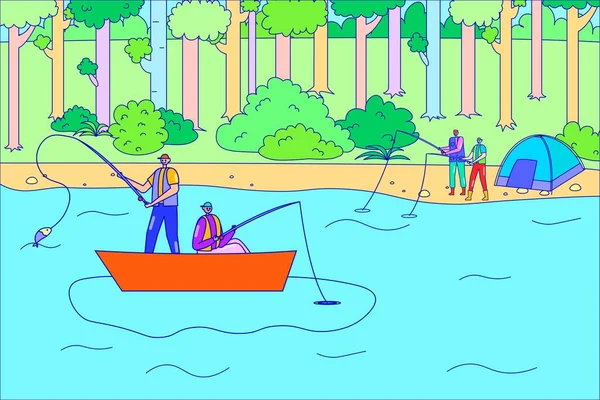 Personaje de la gente juntos pasatiempo de pesca, tiempo de relajación del bosque, amigo captura de peces desde el barco, senderismo al aire libre línea plana vector ilustración. — Vector de stock
