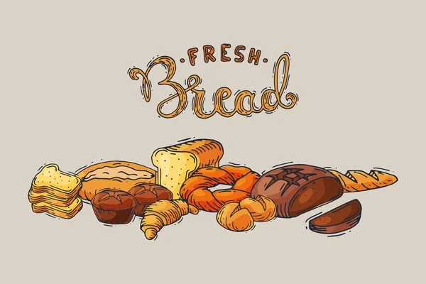 Pan fresco dibujo a mano estilo de boceto, pastelería horneada deliciosa suave, producto de panadería ilustración vector de dibujos animados, aislado en gris. — Vector de stock