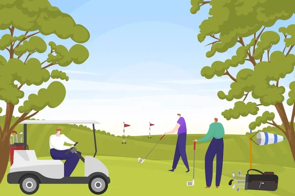 Rijk entertainment mensen karakter samen golfen spel in groen park, lichamelijke activiteit mannelijke hit putter gat platte vector illustratie. — Stockvector