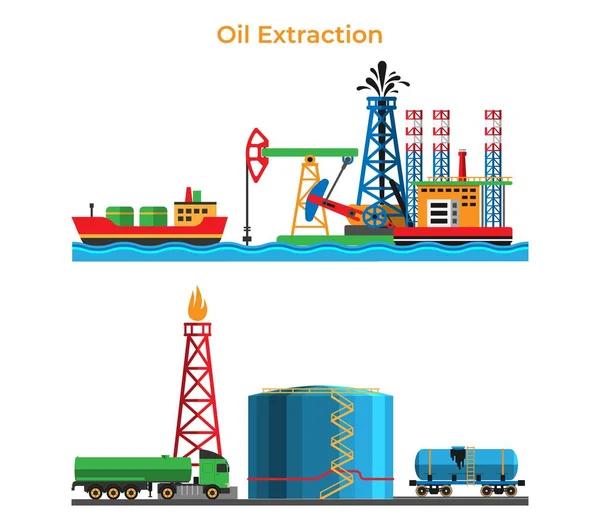 Extracción de pancartas y procesamiento de aceite, servicio de producción de petróleo moderna ilustración de vectores planos de almacenamiento de energía, aislado en blanco. — Vector de stock