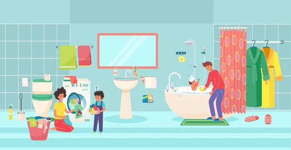 Encantadora familia agradable preparación sueño en el baño, padre lavar niños niño, madre con el niño lavandería plana vector ilustración. — Archivo Imágenes Vectoriales