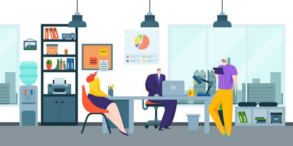 Colleague people business teamwork, office space worker creative ponder idea, industry thought brainstorming flat vector illustration.