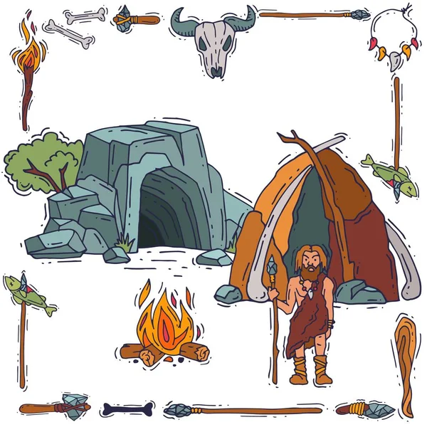 Höhlenmensch in der Nähe der Höhle mit Werkzeug, Haushaltsgegenstand, Banner alte Menschen flache Vektor-Illustration, isoliert auf weiß. — Stockvektor