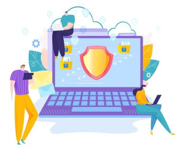 Programcı geliştirici küçük karakter insanlar dizüstü bilgisayar, çevrimiçi cihaz antivirüs düz vektör illüstrasyonunu koruyor, beyaz üzerine izole edilmiş.
