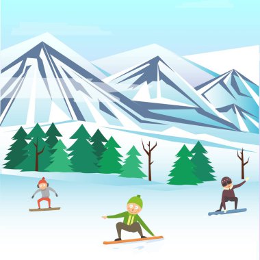 İnsanlar çocuklar birlikte kayak yapıyorlar, kış karları resimli dağ, neşeli çocuk düz vektör çizimi..