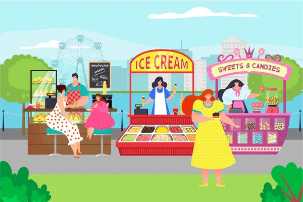 冰淇淋甜食糖果，城市食品街市，游乐园柜台商店有机食品甜点平面病媒图解. — 图库矢量图片