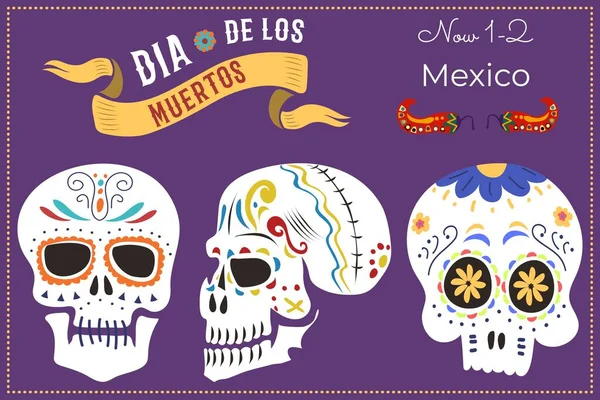 Banner de la tarjeta de invitación, celebrar el día de los muertos en México tres cráneo, la celebración de la postal día de los planos vector ilustración. — Archivo Imágenes Vectoriales