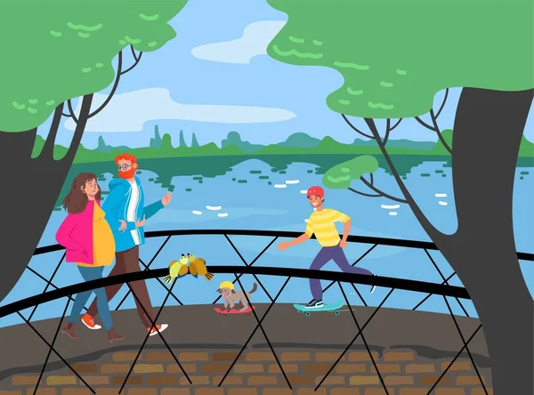 轻松愉快的人走桥过河，漫步都市花园公园，户外悠闲浪漫的池塘地平面画图. — 图库矢量图片
