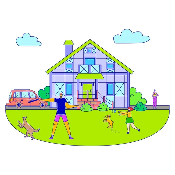 Familia amigable gente pasear perro animal doméstico, personaje hombre y niña jugar perro línea plana vector ilustración, aislado en blanco. — Vector de stock