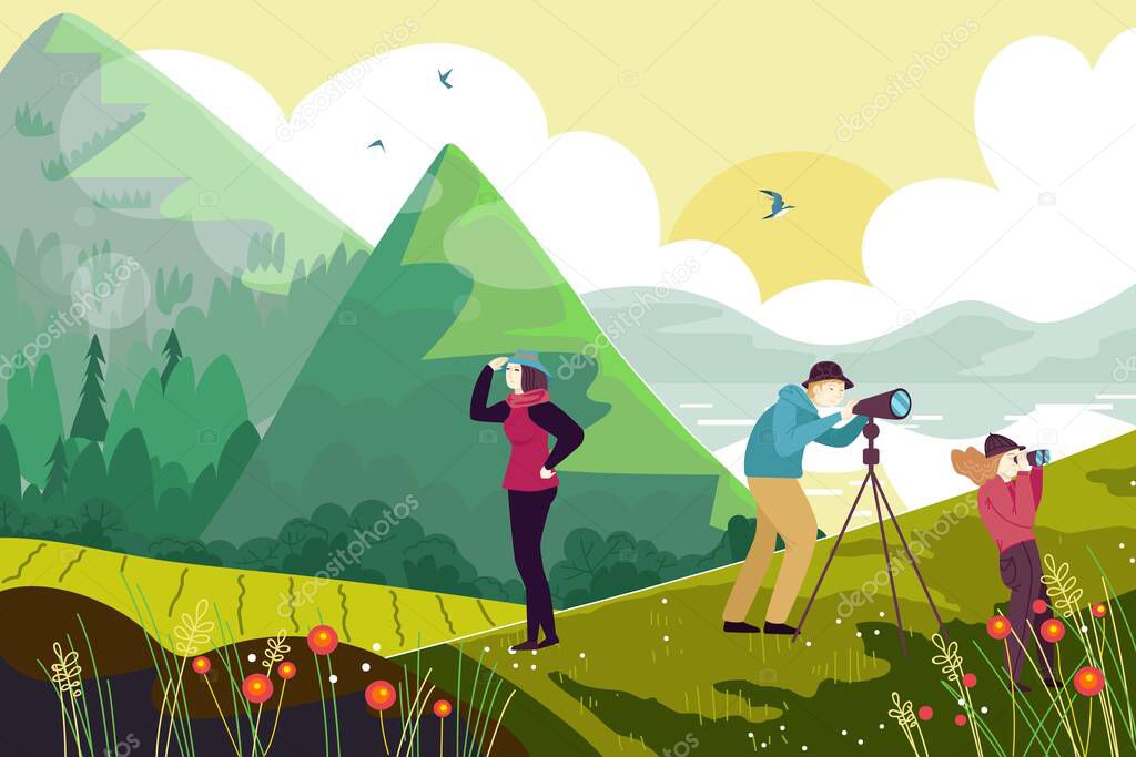 Outdoor hiking people character watch bird mountain and lake, ornithologist family together observe fowl flat vector illustration.