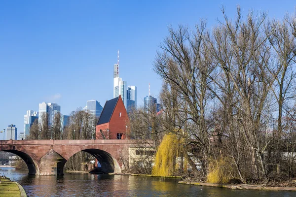 Skyline Frankfurt eski tarihi köprü ile bir ana — Stok fotoğraf