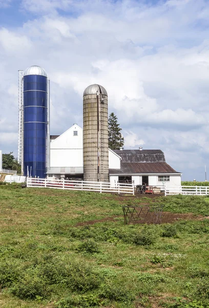 Bondgård med fältet och silo — Stockfoto