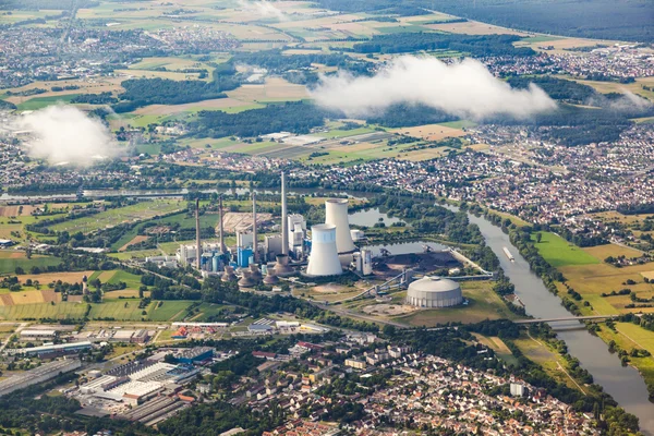 Aerial of powerstation in Grosskrotzenburg, Main river — Stock Photo, Image
