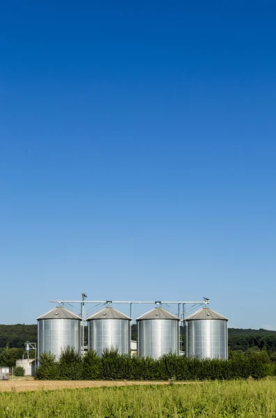 Vier silberne Silos auf dem Feld unter blauem Himmel — Stockfoto