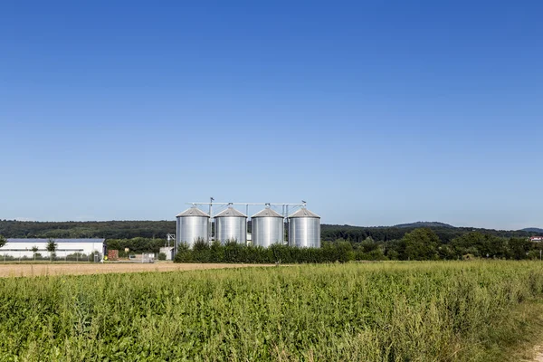 Vier zilveren silo's in het veld onder de blauwe hemel — Stockfoto