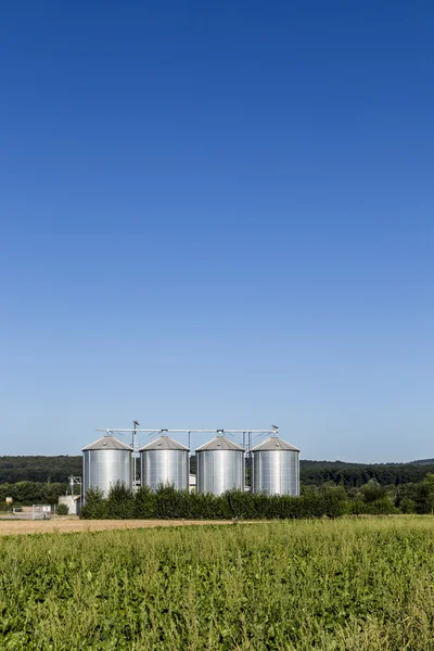 Quattro silos d'argento in campo sotto il cielo blu — Foto Stock