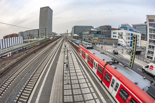 March 2010 Train Enters Train Station Messe Frankfurt View Skyline — Stock Photo, Image