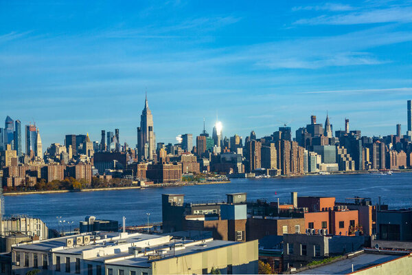 New York, USA - November 4, 2018: scenic view from Brooklyn to skyline of New York with river Hudson.