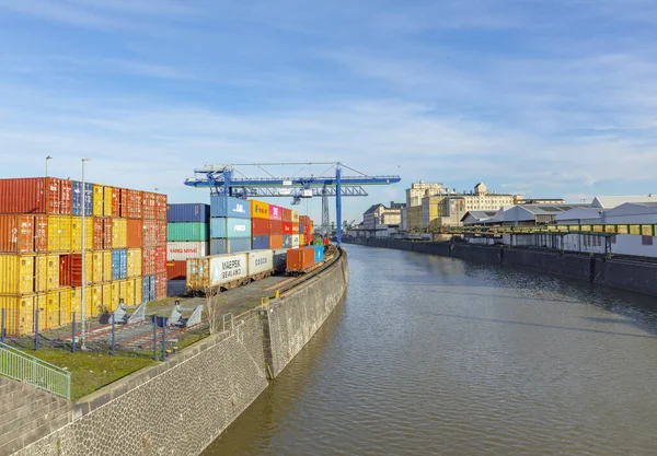 Frankfurt Duitsland Januari 2019 Containerkraan Oostelijke Haven Van Frankfurt Met — Stockfoto