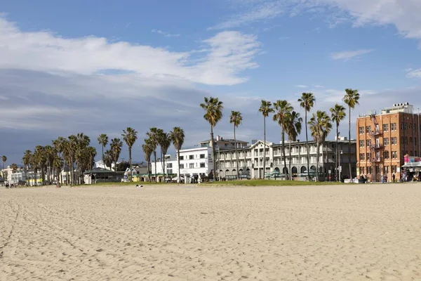 Venice 2019年3月5日 人々はカリフォルニア州のヴェネツィアビーチでヤシやカラフルな家と風光明媚なビーチ遊歩道を楽しむ — ストック写真