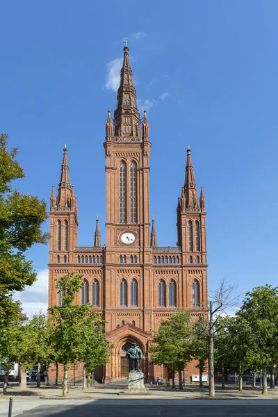 Stará Červená Cihla Tržní Kostel Budova Názvem Marktkirche Wiesbaden Německo — Stock fotografie