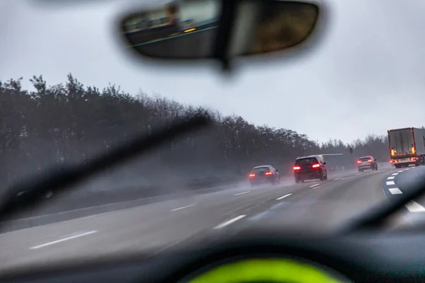 Driving German Highway Bad View Due Rain — стоковое фото