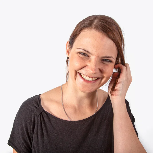 Atractiva Mujer Riendo Aislado Blanco —  Fotos de Stock