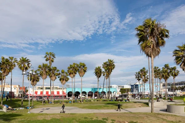 Venice Usa Mar 2019 Люди Насолоджуються Мальовничою Береговою Променадою Пальмами — стокове фото