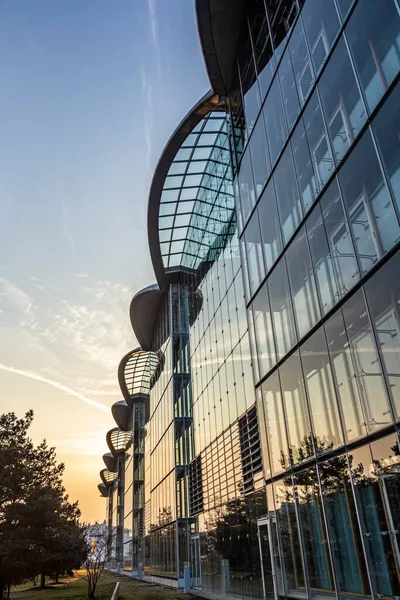 Frankfurt Duitsland Maart 2015 Romantische Zonsondergang Het Hoofdkantoor Van Lufthansa — Stockfoto