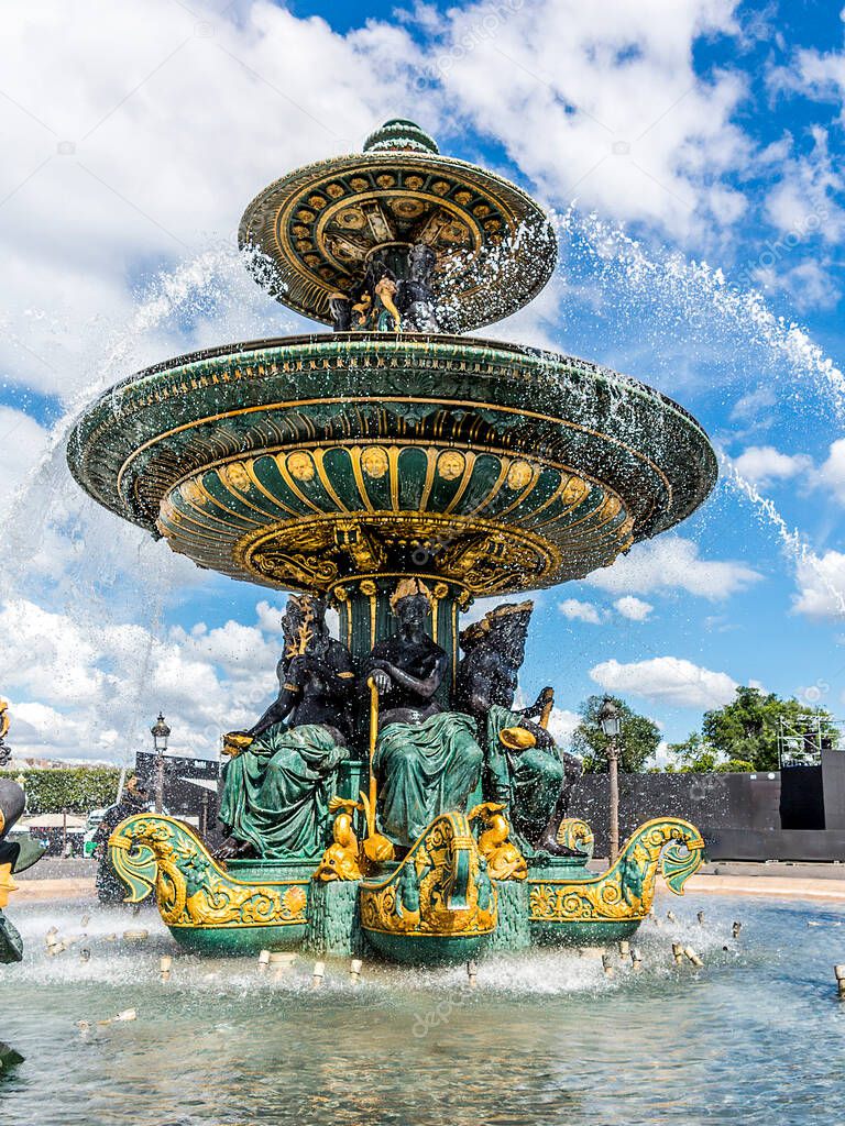 Fountain (designed by Jacques-Ignace Hittorff) on Place Concorde. Place de la Concorde is one of major public squares in Paris, France. Measuring 8.64 hectares, it is largest square in French capital.