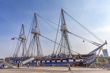 Boston, USA - September 12, 2017: famous USS Constitution, Boston, USA in the harbor. Every year at independence day the ship sails again in Boston harbor. clipart