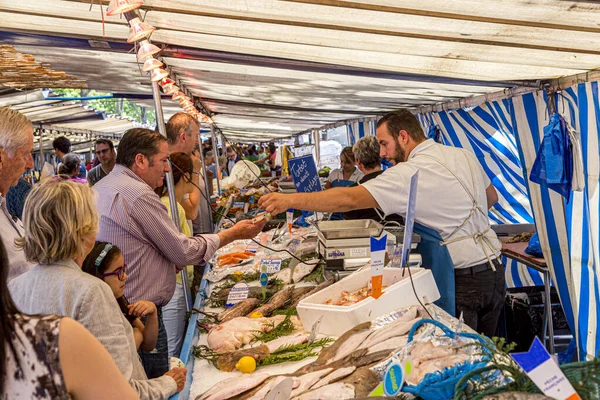 Paryż Francja Czerwca 2015 Ludzie Kupują Świeże Ryby Targu Ulicznym — Zdjęcie stockowe