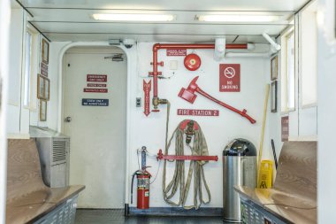 Marthas-Vineyard, USA - September 25, 2017: safety equipment at fire station on the ferry M.V. Convernor to Marthas Vineyard Island.