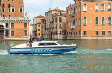 Venice, Italy - July 8, 2021: the canale grande in Venice is under under special observation by police due to the G20 Summit which takes place from the 9th of July 2021.