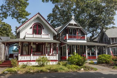 Martha's Vineyard, USA - September 26, 2017: Carpenters Cottages called gingerbread houses  on Lake Avenue, Oak Bluffs on Martha's Vineyard, Massachusetts, USA.