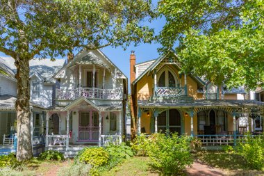 Martha's Vineyard, USA - September 26, 2017: Carpenters Cottages called gingerbread houses  on Lake Avenue, Oak Bluffs on Martha's Vineyard, Massachusetts, USA.