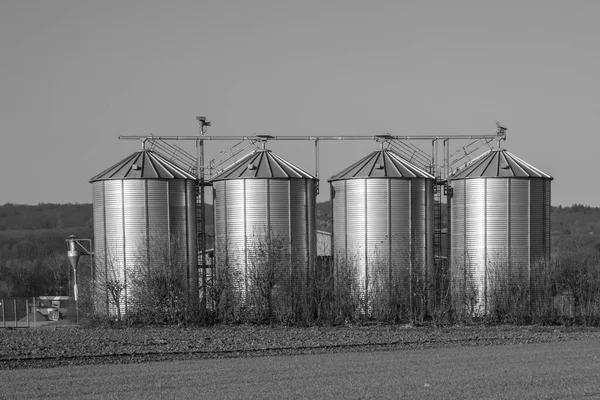 Silos Brillants Argent Sur Terrain Automne — Photo