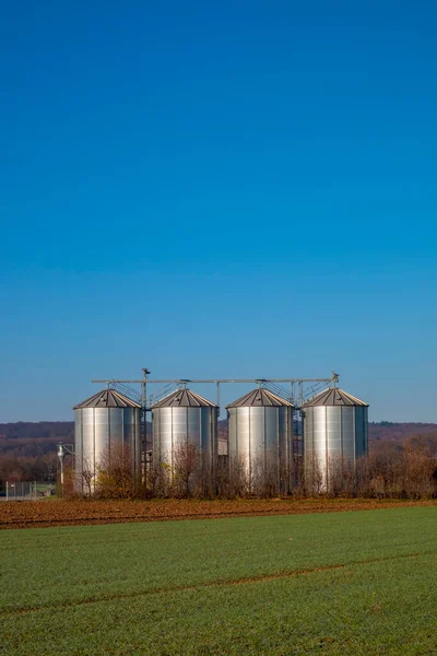 Zilver Glanzende Silo Het Veld Herfst — Stockfoto