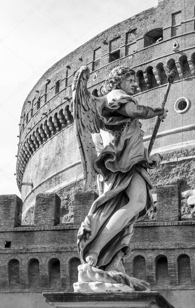 statue at Aelian bridge also known unter name bridge of the holy angels which lead to the castel sant' Angelo, the castle of the holy angel in Rome, Italy